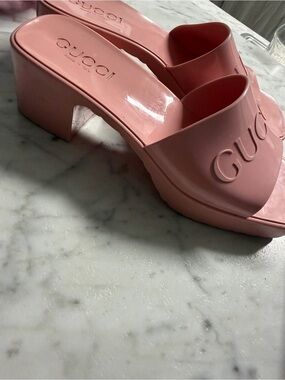 Gucci Pink Logo Block Heel Mule Sandals